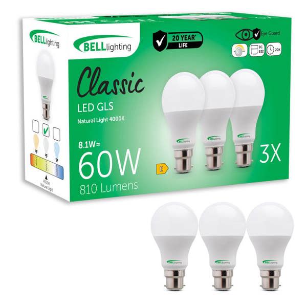 BELL Lighting Dimmable B22 Bayonet Energy Saving LED Light Bulbs GLS 8.1W