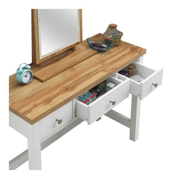 Timber Art Design Astbury 3 Drawer Dressing Table Vanity  Makeup Desk White and Oak