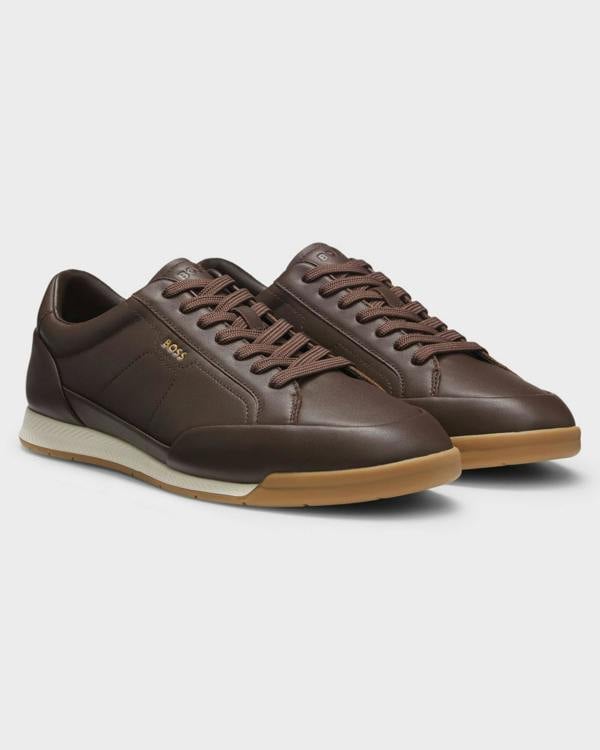 BOSS Orange Nitan Mens Leather Trainers with Foil Logo - Dark Brown 201 | CHO | Designer Mens Trainers