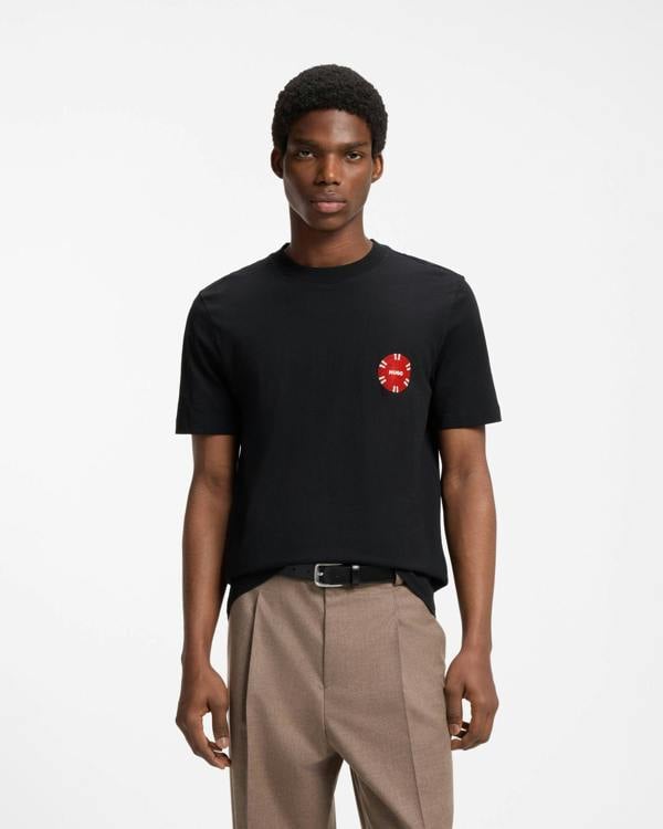 HUGO Datril Mens Cotton-jersey T-shirt with poker-chip print  - Black 001, front