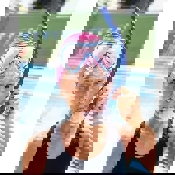 Zoggs Combo Reef Explorer Junior blue snorkel with pink strap and clear lens