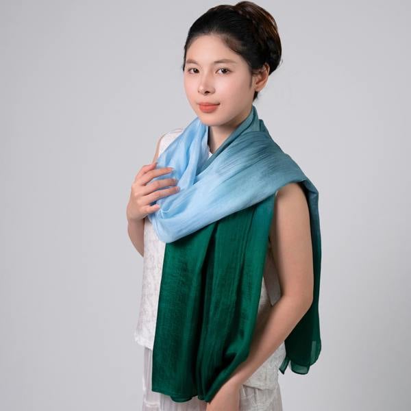 Blue & Emerald Ombré Silk Scarf – Hand-Dyed Mulberry Silk, Wedding Guest & Eid Wrap