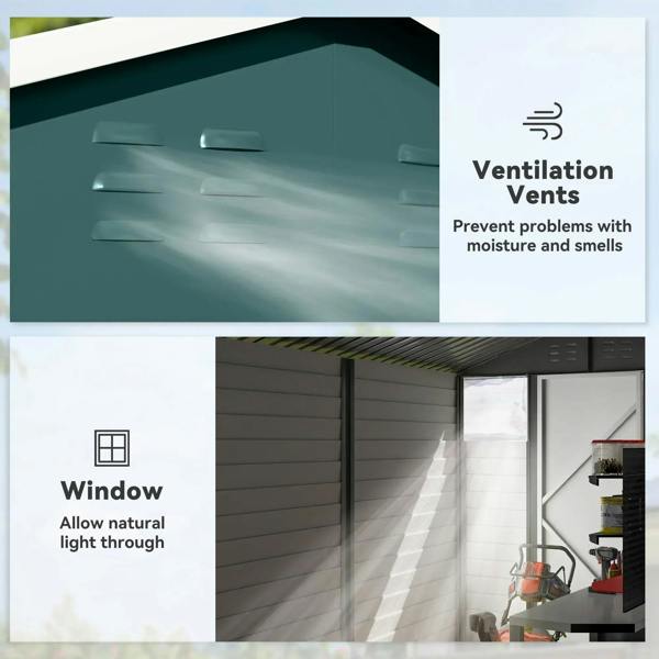 Metal garden shed features card showing ventilation vents and side window for light