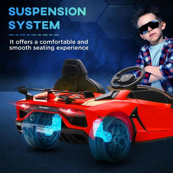 Red kids electric car with suspension system; child seated, glowing wheel lights.