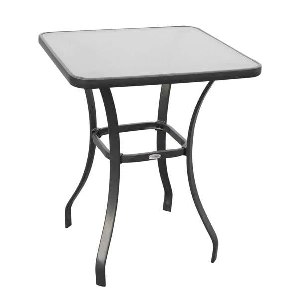 Black outdoor bistro table with square tempered glass top and arched metal legs