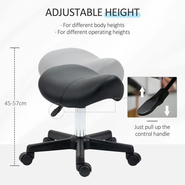 Black PU saddle seat stool with height-adjust chrome column and rolling five-star base
