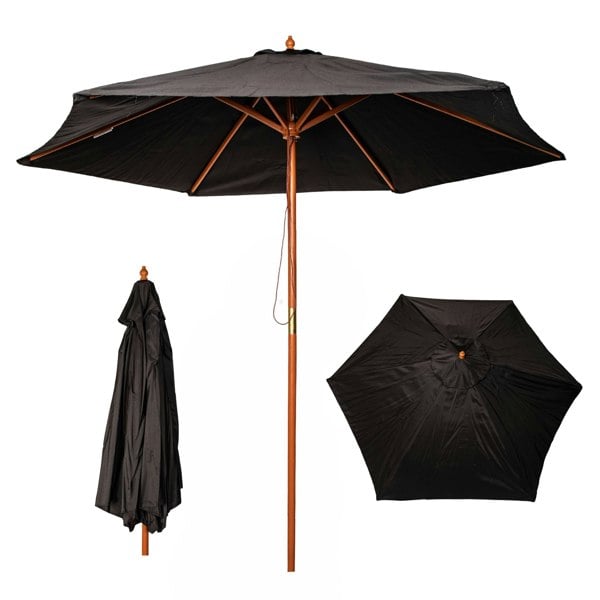 Samuel Alexander 2.4m Wooden Garden Patio Sun Shade Parasol Shaft & Pulley in Black