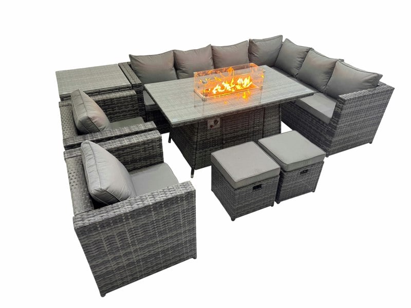 Fimous Garden Rattan Furniture Set 10 Seater Outdoor Corner Sofa Chair Gas Fire Pit Dining Table Set with 2 Small Stools Side Table Dark Grey