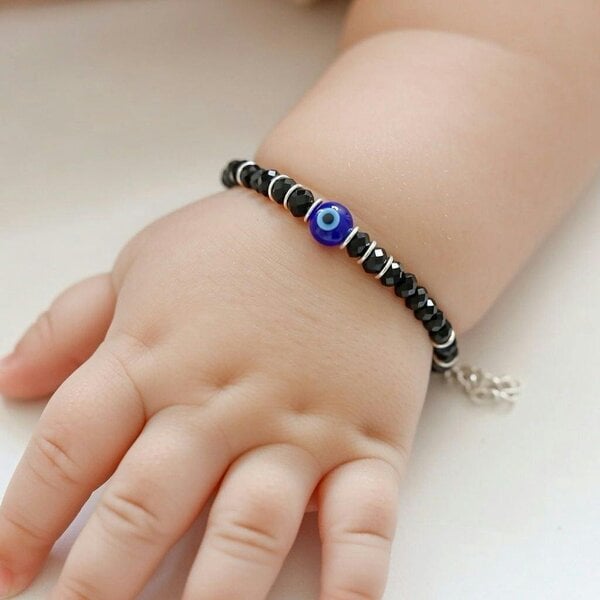 The Colourful Aura Black Beaded Evil Eye Silver Kids Nazaria Bracelet