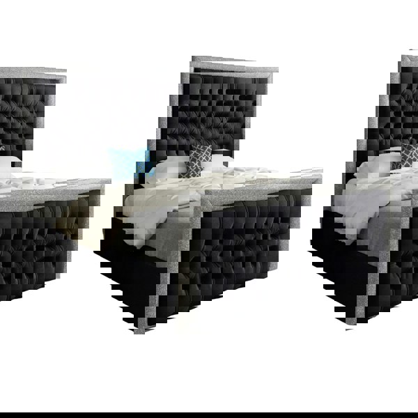 Casa Magna Venice Glitter Border Upholstered Soft Velvet Bed Frame - Black