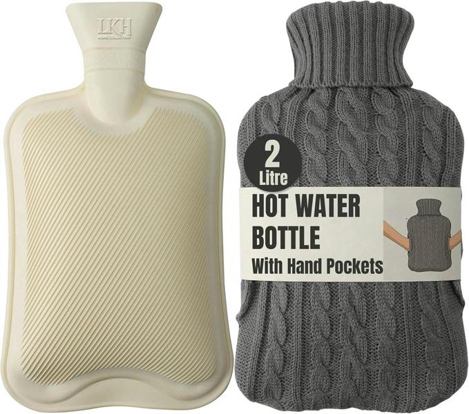 LKH HOME COLLECTION Hot Water Bottle with Cover UK 2L Soft Knitted Washable Cover with hand pockets keeps both hands warm, Leakproof Design - Grey