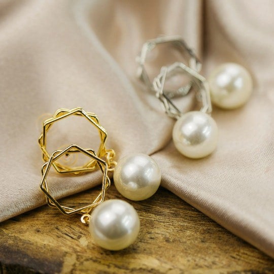 The Colourful Aura Gold Hexagon Freshwater Single White Large Pearl Dainty Drop Dangle Stud Earring