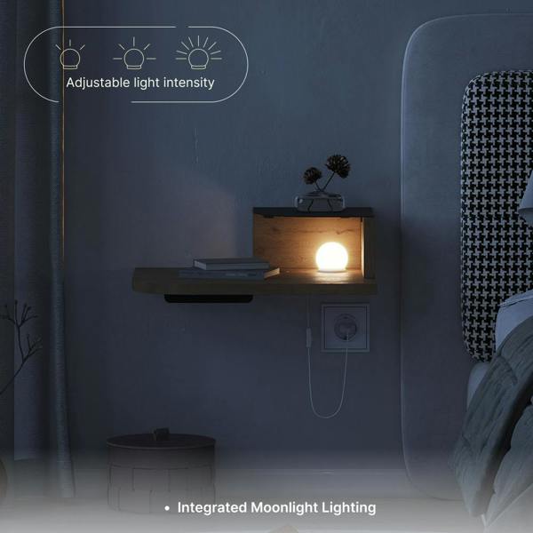 Decortie Floating Bedside Table Modern Corner Design Nightstand 30cm Wall-mounted w/ LED Lamp in 3-tones for Bedroom