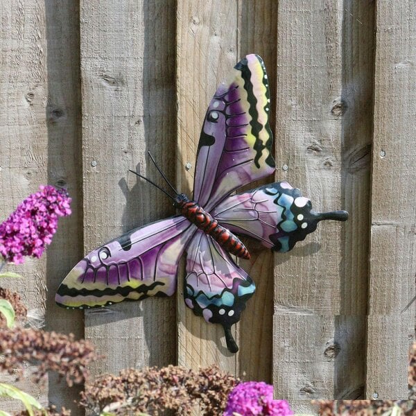 EDH Door Hardware Medium Metal Pink Butterfly Wall Art – 24 x 37 x 1 CM | Hand-Painted 3D Butterfly Decoration | Weatherproof Metal Wall Décor
