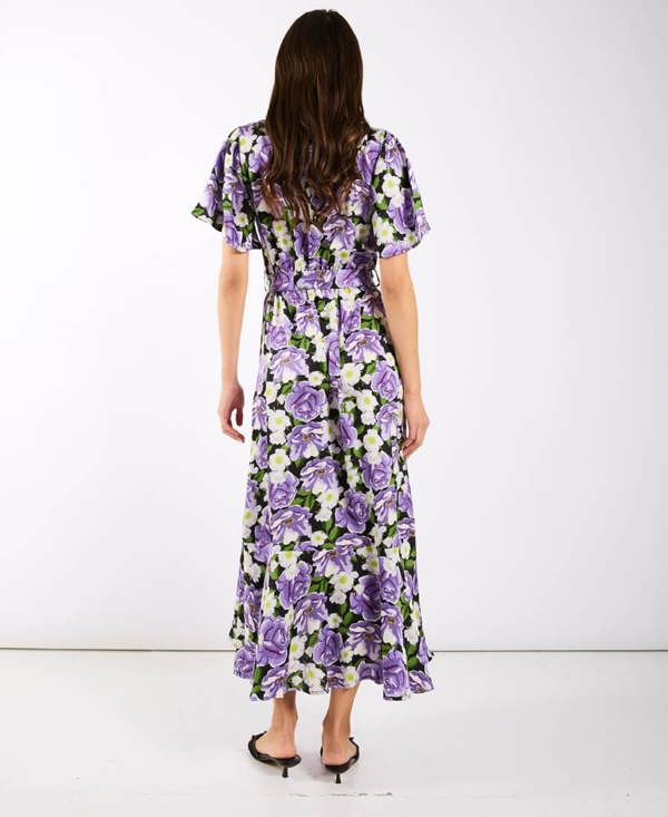 Purple Floral Wrap Midi Dress back