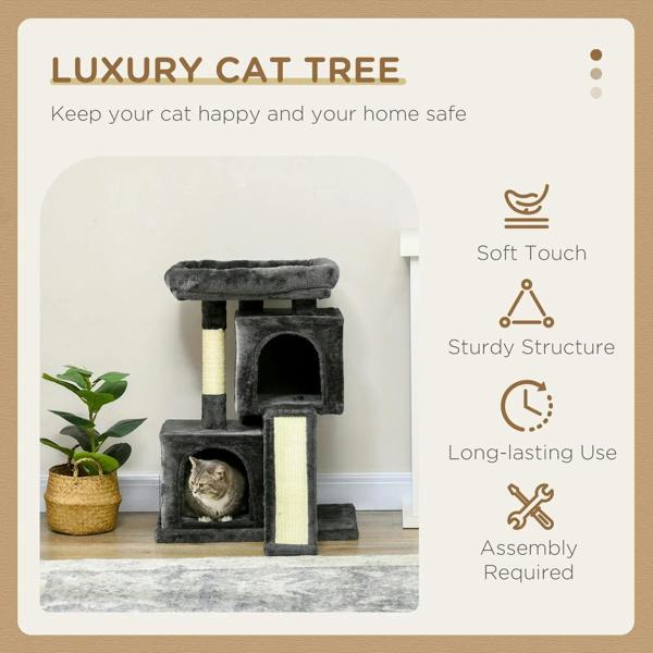 Black cat tree with plush perches, enclosed hideout, and sisal-wrapped scratching posts