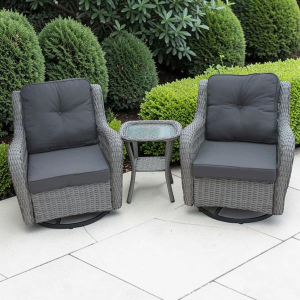 The Garden Marketplace York Rattan Weave Duo Set – 2 Swivel Rocking Chairs & Side Table with Grey Cushions