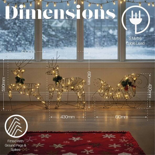 Scotts of Stow Xmas Haus Rose Gold Light Up Reindeer and Sleigh Indoor Outdoor Christmas Decoration with Timer