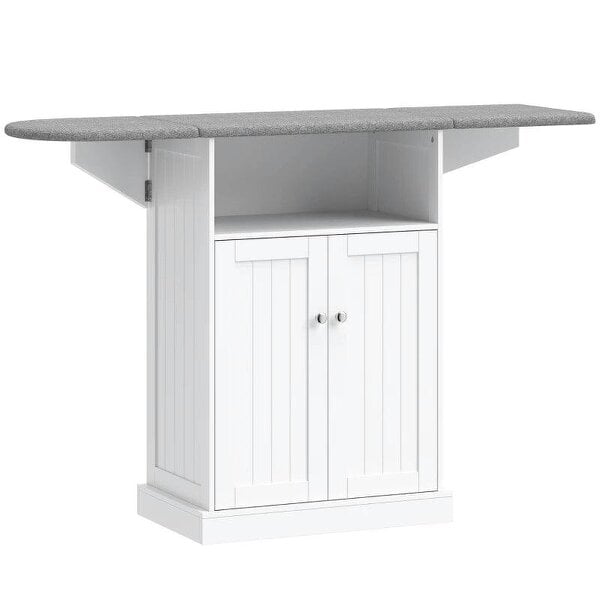 Ironing Board Cabinet on Wheels with Foldable Top, Mobile Storage Cabinet with Ironing Board, Open Compartment, White