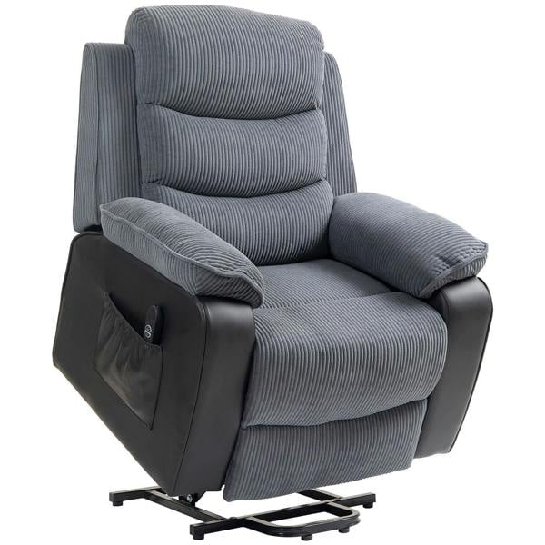 Dark grey corduroy electric lift chair with padded arms and side control panel