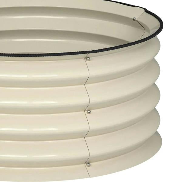 Cream white metal planter box close-up of layered panels and side fasteners