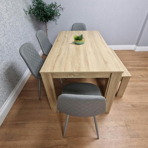 Kosy Koala Oak Effect Dining Table Set With 4 Grey Gem Pattern Chairs And Bench Dining Room Furniture