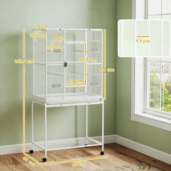 Large Bird Cage Budgie Cage with Stand, Storage Shelf, Wood Perch for Parrot, 81 x 48 x 162.5 cm, White