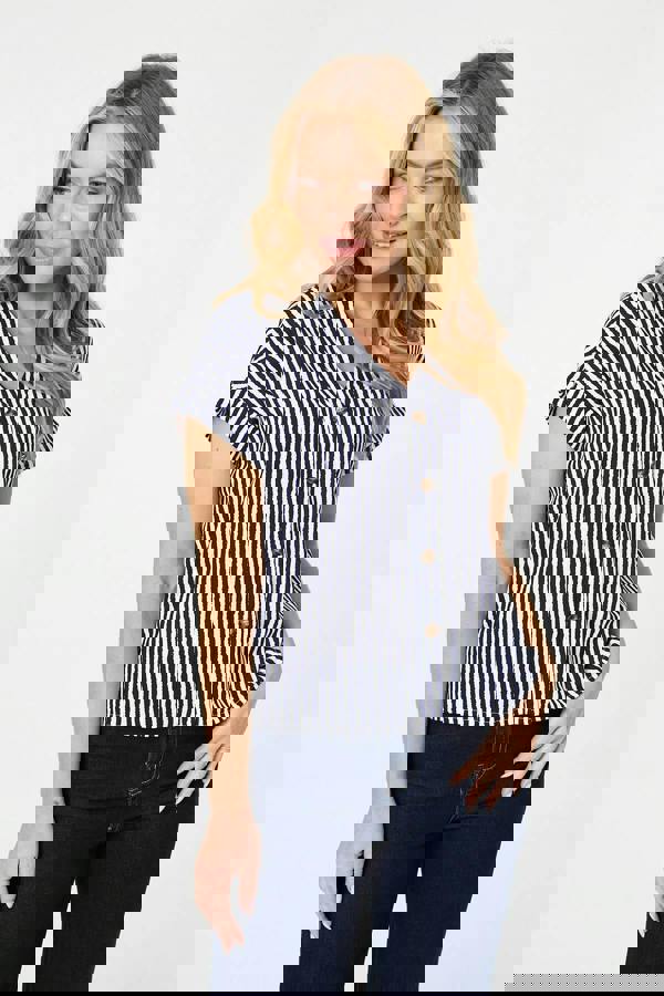 Navy | Striped Cap Sleeve Relaxed Blouse
