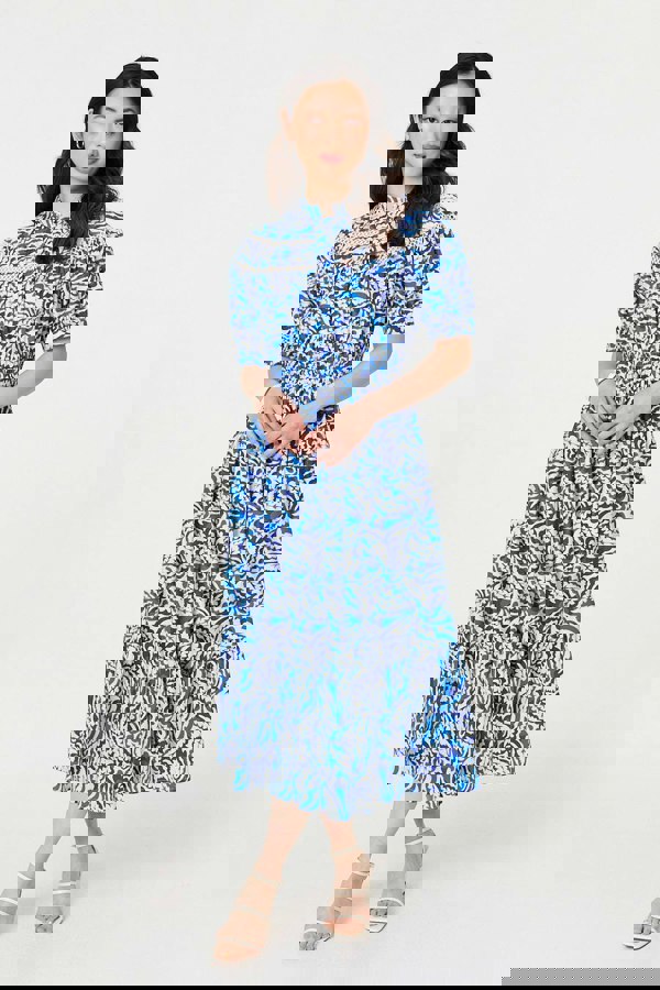 Blue | Leaf Print 1/2 Sleeve Midi Shirt Dress
