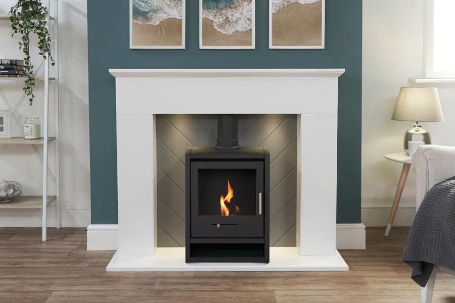 Adam Corinth Stove Fireplace in Pure White & Grey with Downlights & OKO S1 Bio Ethanol Stove in Charcoal Grey, 48 Inch