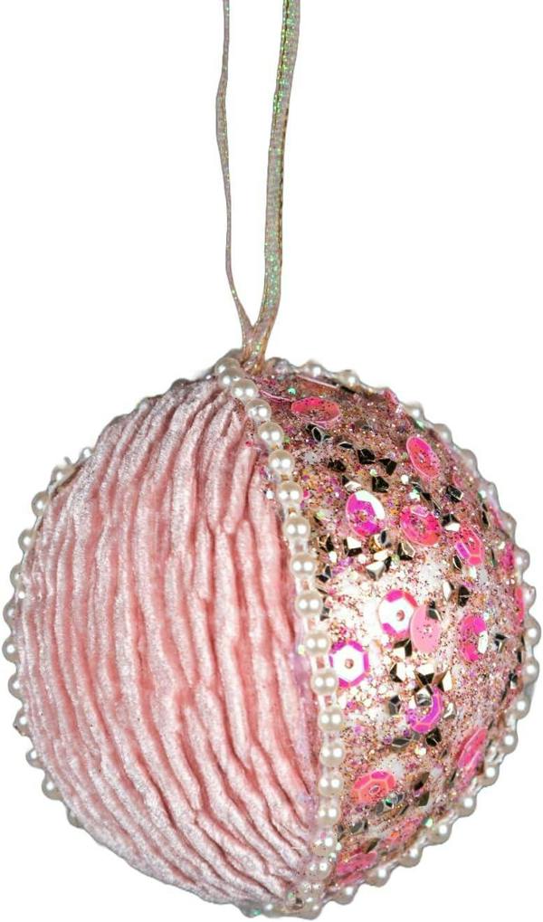 7cm Baby Pink Glitter Round Christmas Baubles, Set of 3 Hanging Decorations with Pearls and Sequins image 1