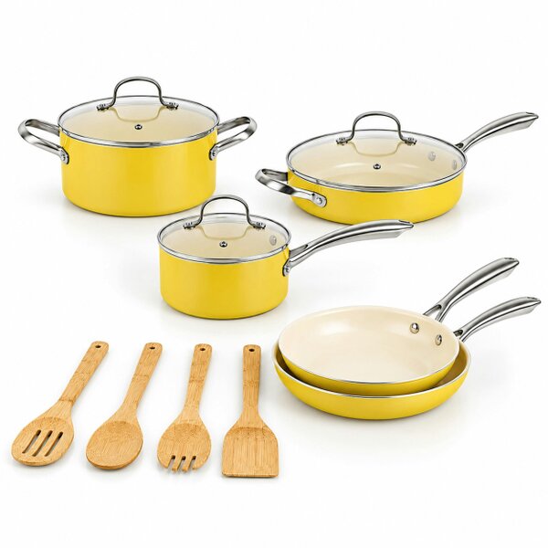 Gr8 Home 12 Pcs Ceramic Non Stick Induction Cookware Set Yellow Pots & Pans Lids Utensils