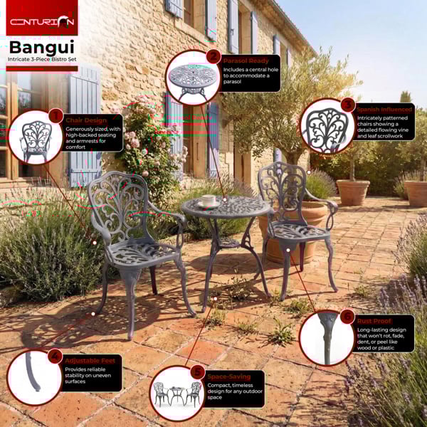 Centurion Supports BANGUI Grey Luxurious Garden and Patio Table and 2 Large Chairs with Armrests Cast Aluminium Bistro Set
