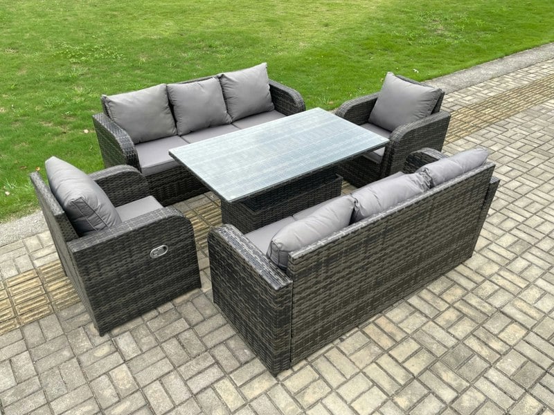 Fimous 8 Seater PE Rattan Outdoor Garden Furniture Sets Height Adjustable Rising lifting DiningTable Sofa Set with Reclining Chair Dark Grey Mixed