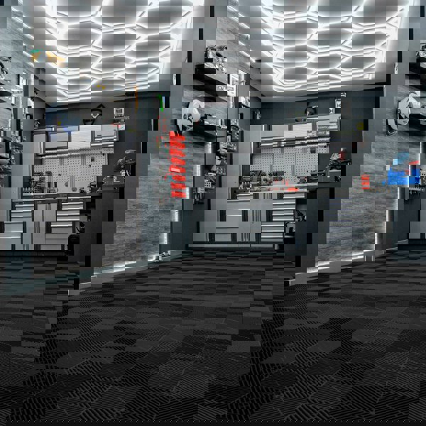 Monstershop Hexagon LED Light & Vented Garage Floor Tiles x 120 With Edges - Black