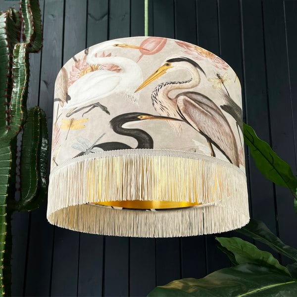 Love Frankie velvet lampshade bird song bone gold lining fringing