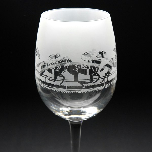 Glyptic Glass Art Horse Racing Crystal Wine Glass - Hand Etched/Engraved Gift