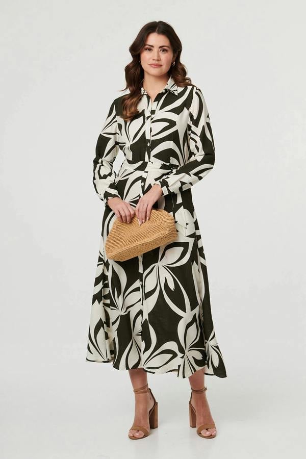 Khaki | Abstract Floral Maxi Shirt Dress : Model is 5'9"/175 cm and wears UK10/EU38/US6/AUS10