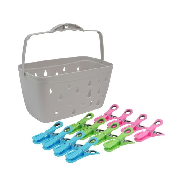 JVL Plastic Peg Basket, Grey with 48 Prism Clip Pegs with Hooks, Multi
