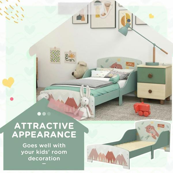 Green toddler bed frame with slatted mattress base and woodland print end panels
