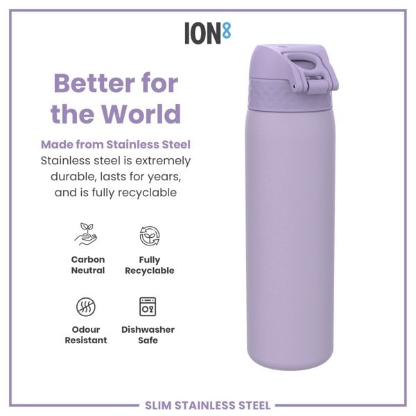 ION8 Leak Proof Slim Water Bottle, Stainless Steel, Light Purple, 600ml (20oz)