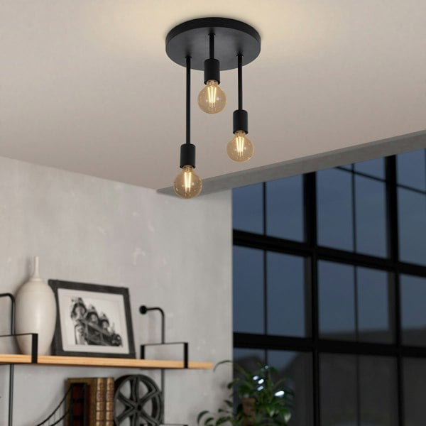 EGLO Wilmcote 3-Light Black Ceiling Light With Exposed Bulbs