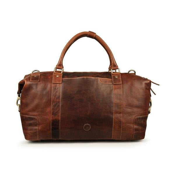 Front view of Orion large tan full-grain leather holdall travel bag by Primehide