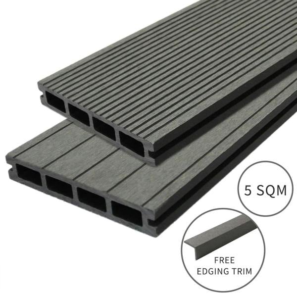 Jardí composite decking in Castle Grey, featuring a textured surface, sleek design, and includes free edging trim for a polished finish