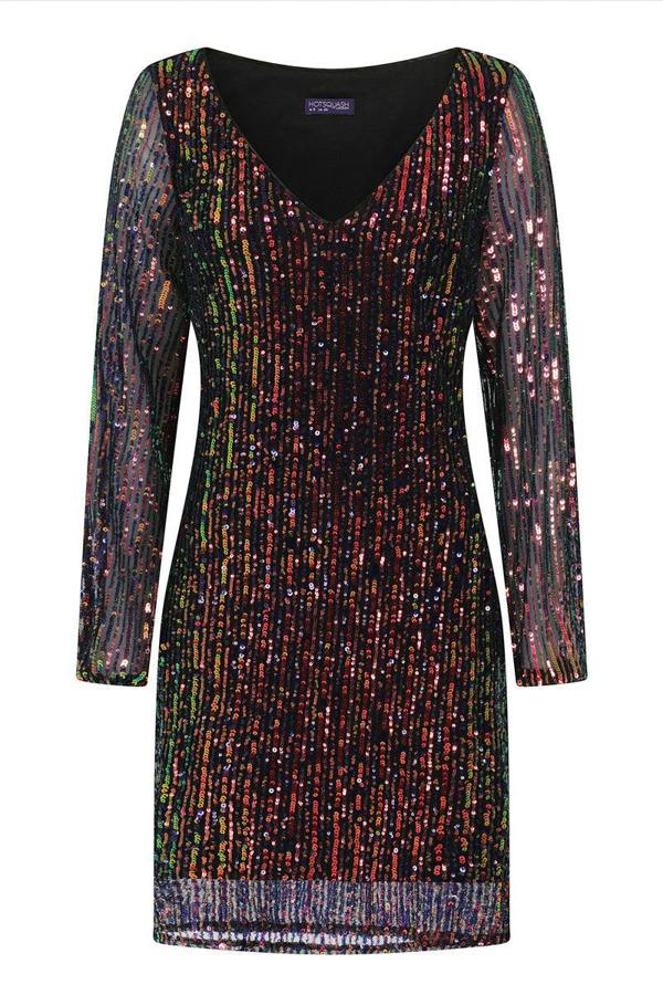 HotSquash Blouson Sleeved V Neck Sequin Dress