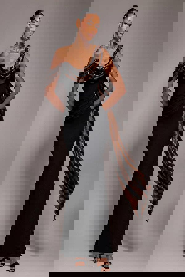 Foil Chiffon Cowl One Shoulder Cape Maxi Dress - Black Bronze DR4998