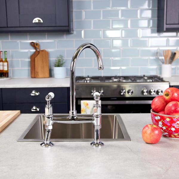 Flode Larvik | Kitchen Dual Lever Bridge Mixer Tap | Polished Chrome Finish