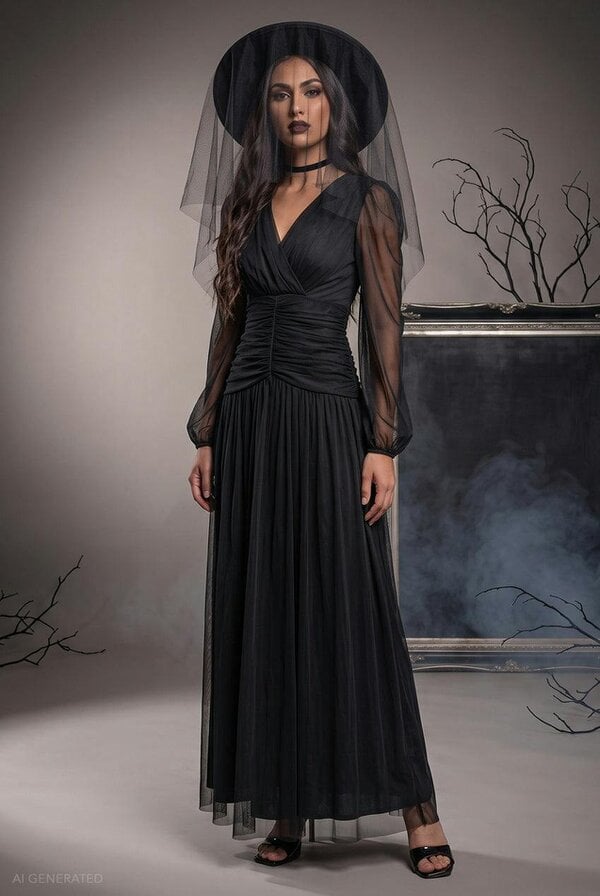 Goddiva Long Sleeve Maxi Classic Witch Halloween Costume - Black by Goddiva