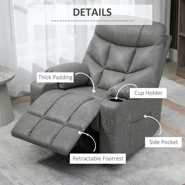 Light grey recliner with thick padding, cup holder, and side pocket