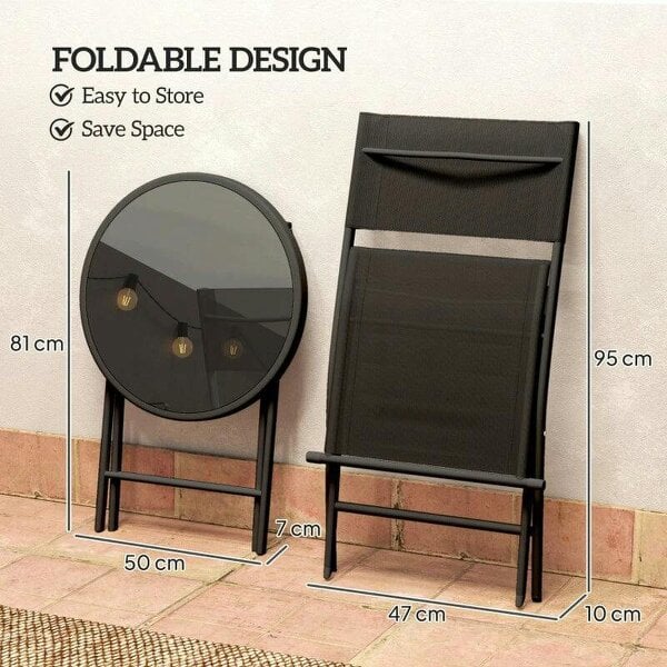 3 Pieces Outdoor Bistro Set, Glass Top Outdoor Table and 2 Folding Chairs with Protecting Feet, Black